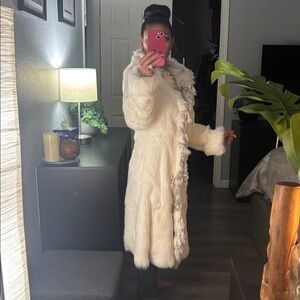 Reversible White Rabbit full length winter coat w hood & grey detail.